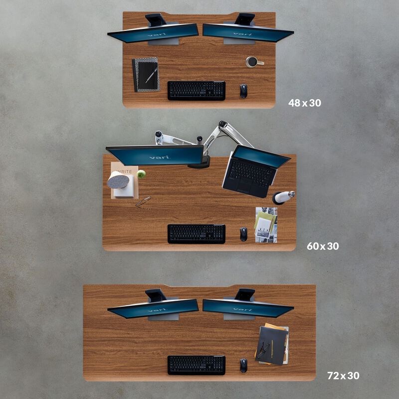 overhead view of three different size desks a 48 inches by 30 inches 60 inches by 30 inches and 72 inches by 30 inches  image number null
